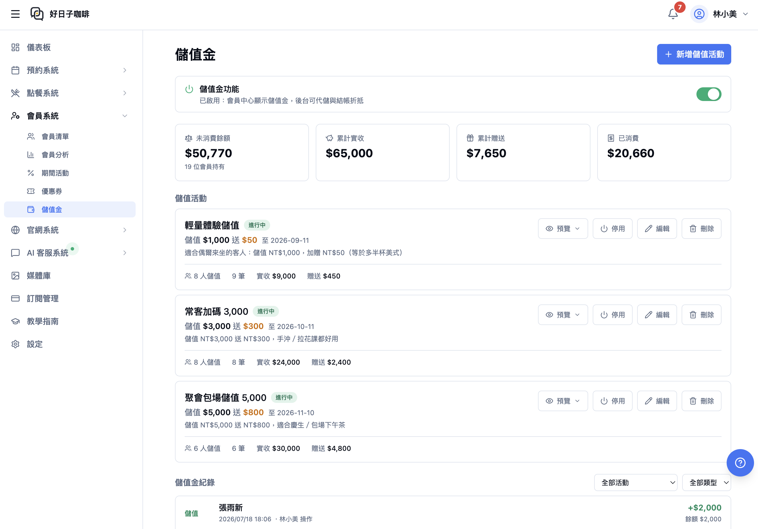 Dian 儲值金：未消費餘額、累計實收與贈送統計，多檔儲值加碼活動
